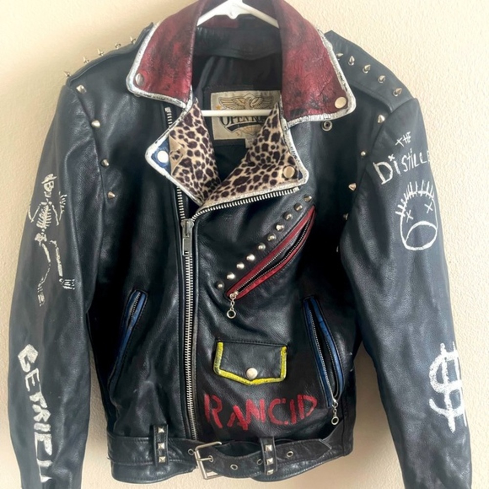 Open Road Brands Black Studded Leather Jacket with Red and Leopard Accents